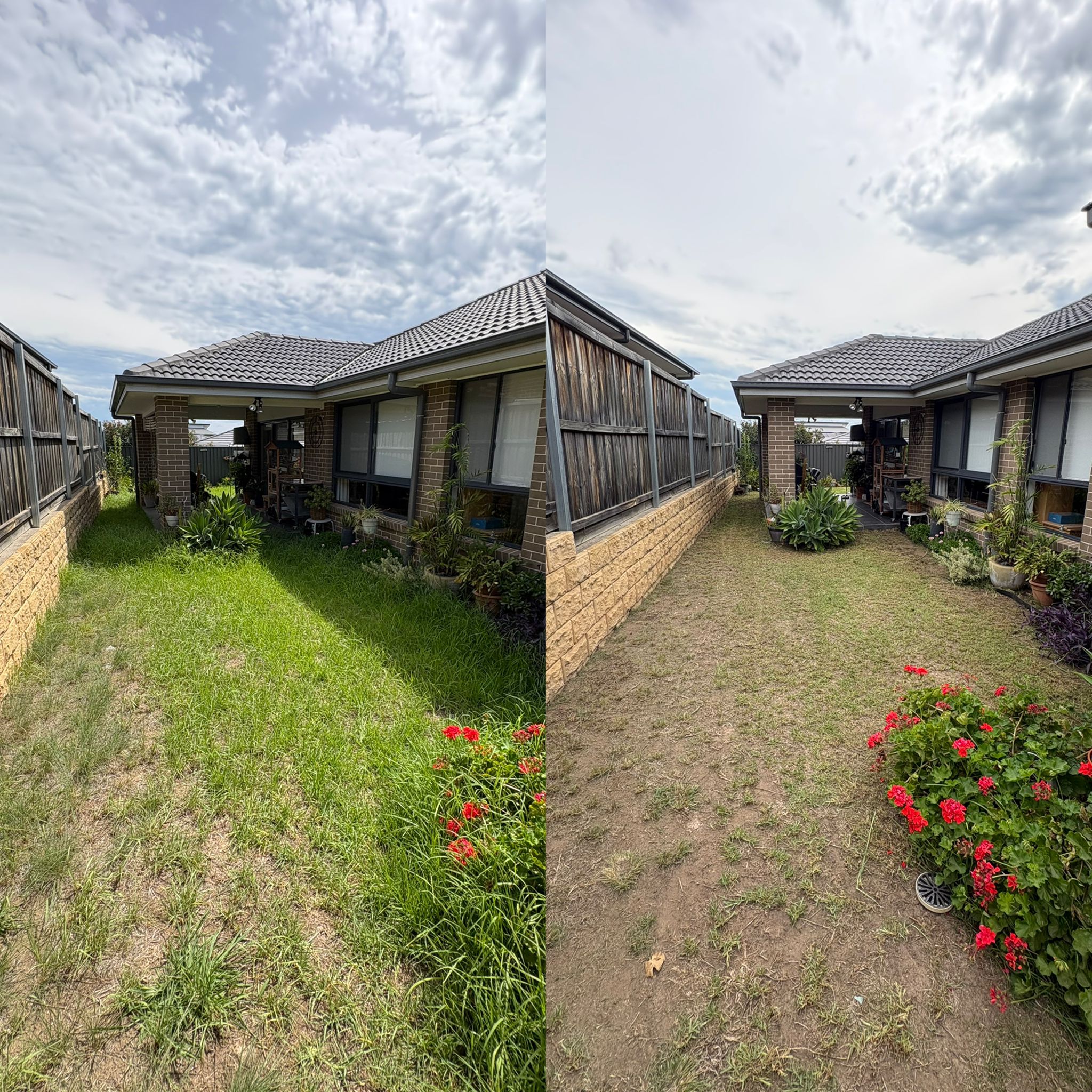 Garden maintenance before and after — large residential lawn