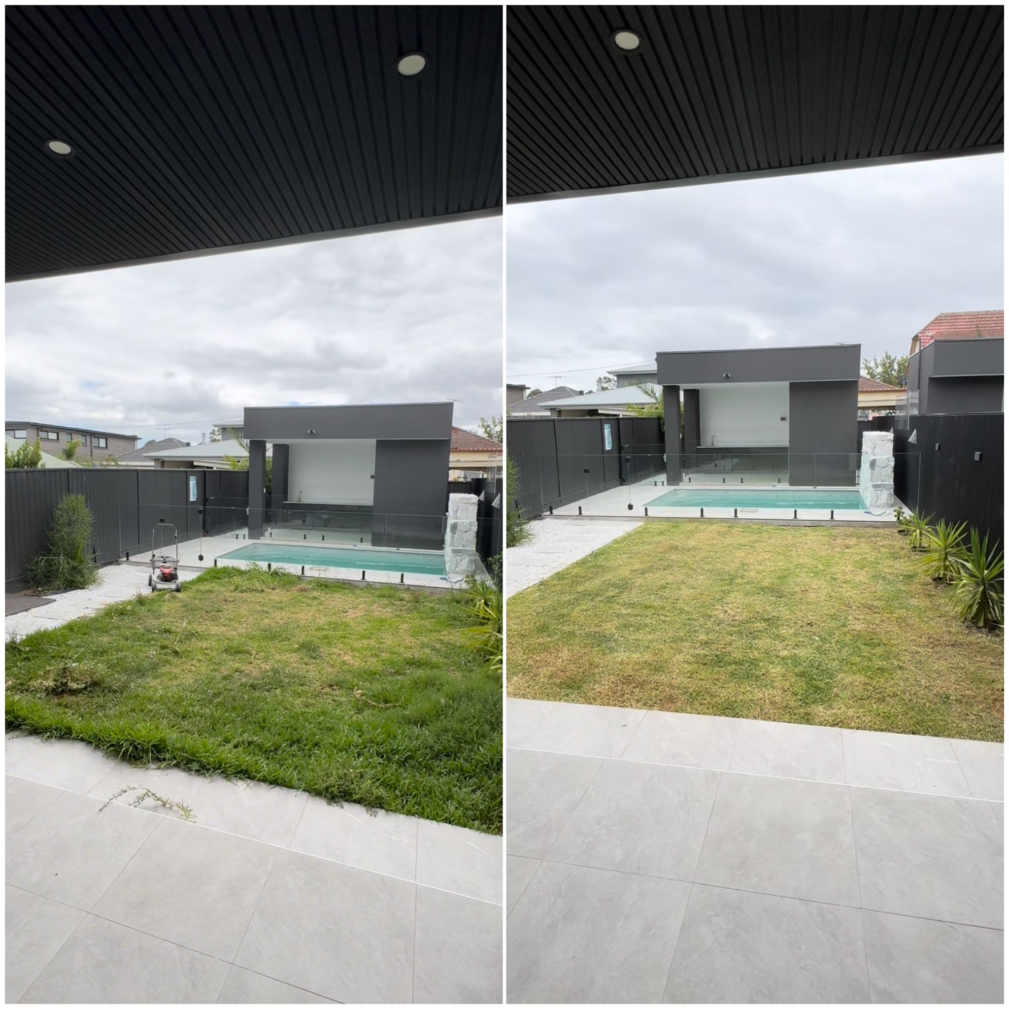 Lawn mowing before and after — residential pool area, South West Sydney